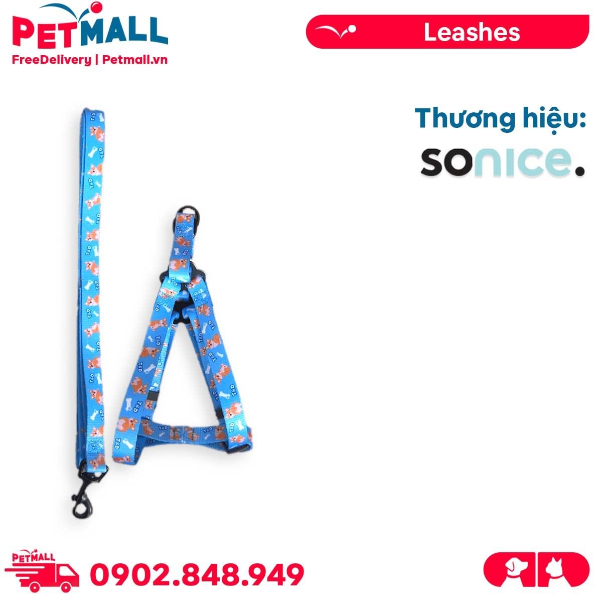 Set Dây + Yếm Sonice Lucky Leash + Harness 10kg - 1.5cm Hình chó xanh biển Petmall