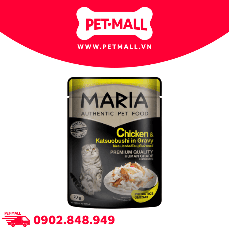 Pate mèo MARIA Chicken with Katsuobus in Gravy 70g - Hộp 12 gói - Vị Thịt gà và Cá ngừ bào Nhật bản Petmall