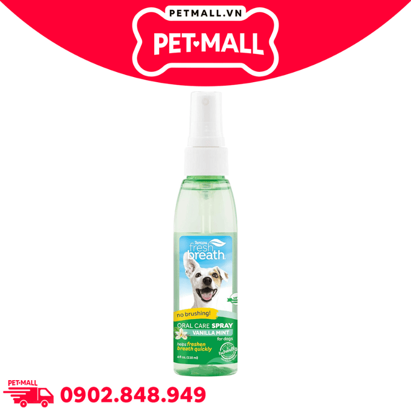 Xịt thơm miệng TropiClean Vanilla mint Oral Care Spray 118ml - Chăm sóc răng miệng cho chó hương Vani Bạc Hà Petmall
