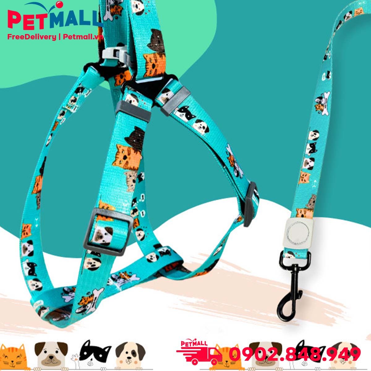 Set Dây + Yếm Sonice Lucky Leash + Harness 20kg - 2cm Hình chó mèo xanh lục Petmall
