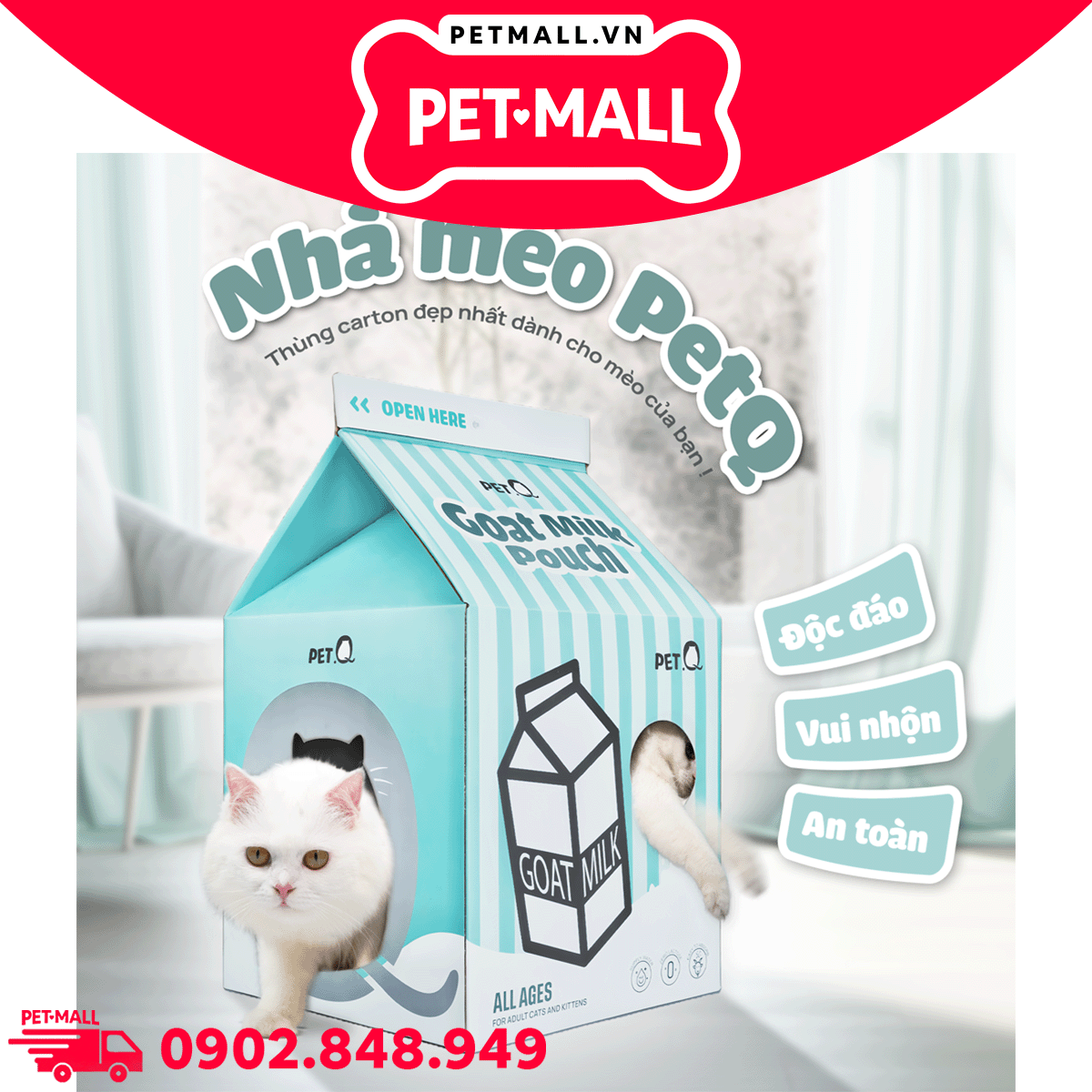 Nhà tích hợp cào móng cho mèo QQ Goat Milk Cat House - Size 55 x 33 x 33 cm Petmall