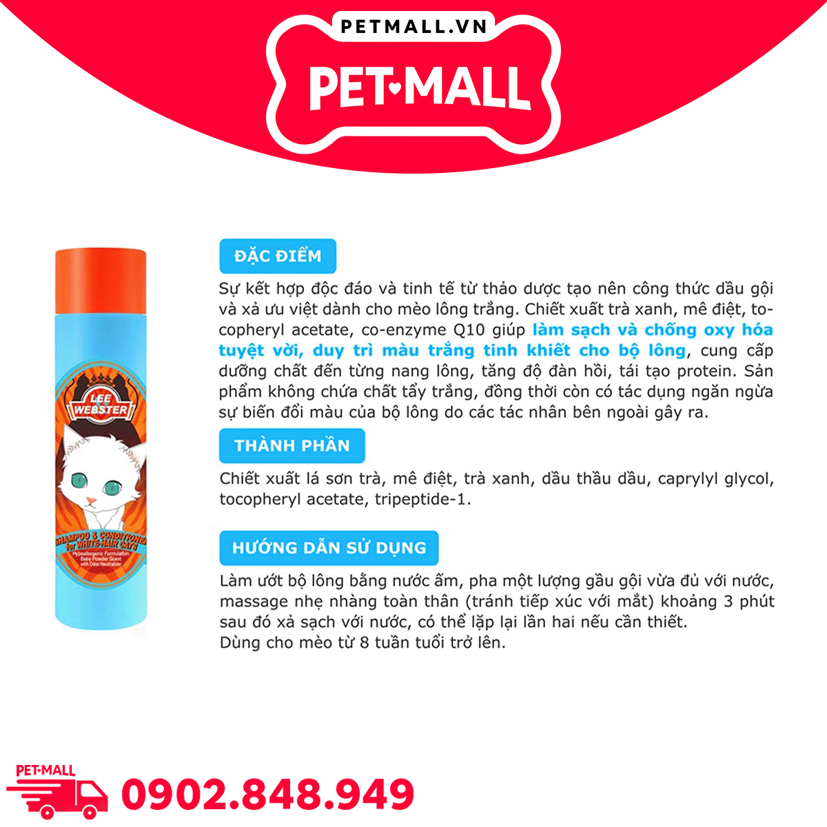 Sữa tắm và xả Lee & Webster Shampoo and Conditioner for White-hair cats 280g - Cho mèo lông lông trắng Petmall