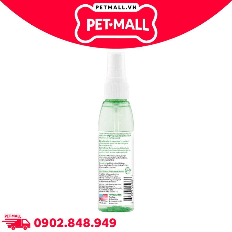 Xịt thơm miệng TropiClean Vanilla mint Oral Care Spray 118ml - Chăm sóc răng miệng cho chó hương Vani Bạc Hà Petmall