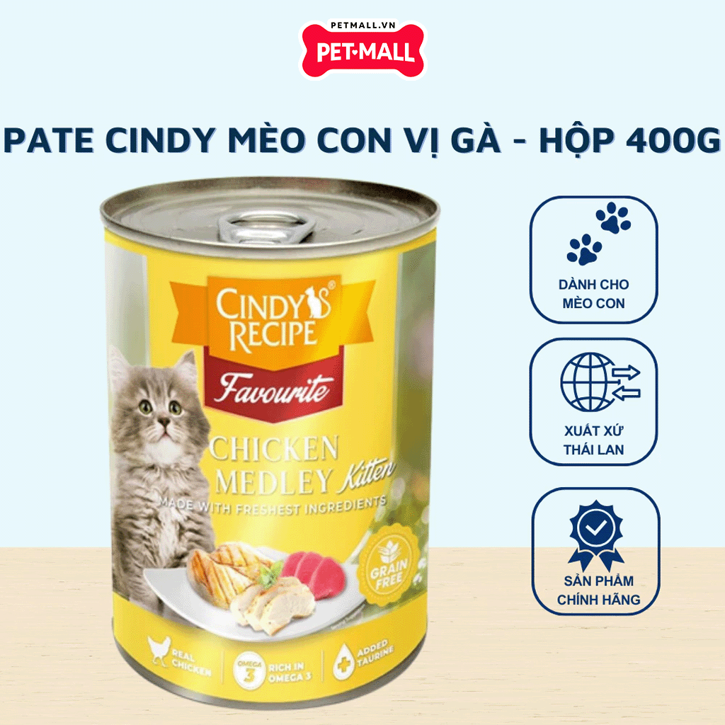Combo 12 Lon 400G - Pate mèo Cindys Recipe Dành cho MÈO CON - Mix vị Cá Ngừ và Thịt Gà Petmall