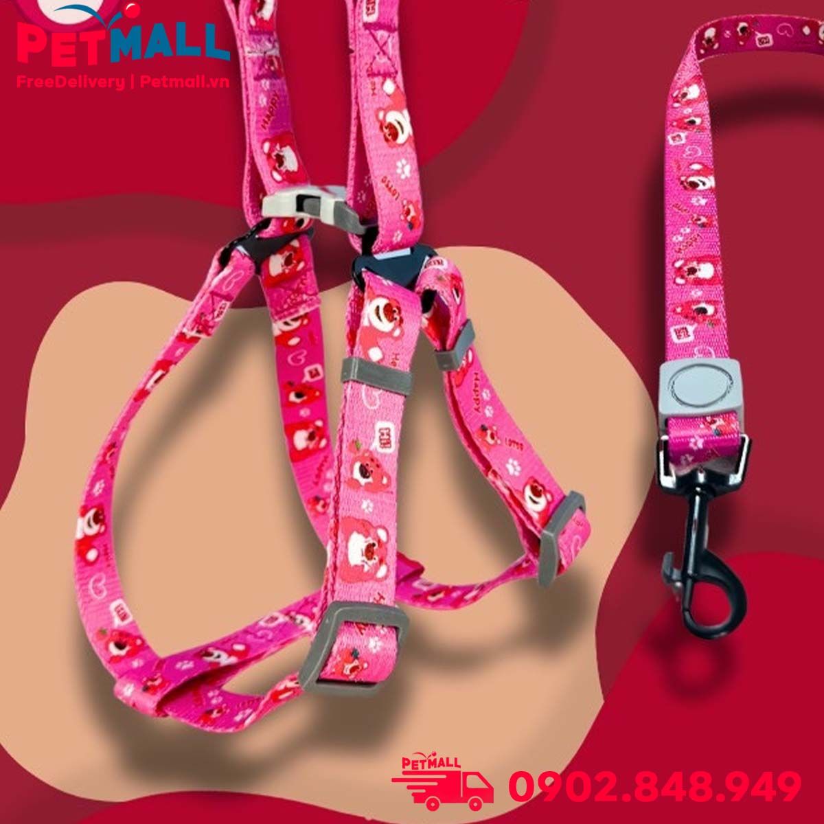 Set Dây + Yếm Sonice Lucky Leash + Harness 30kg - 2.5cm Gấu dâu Petmall