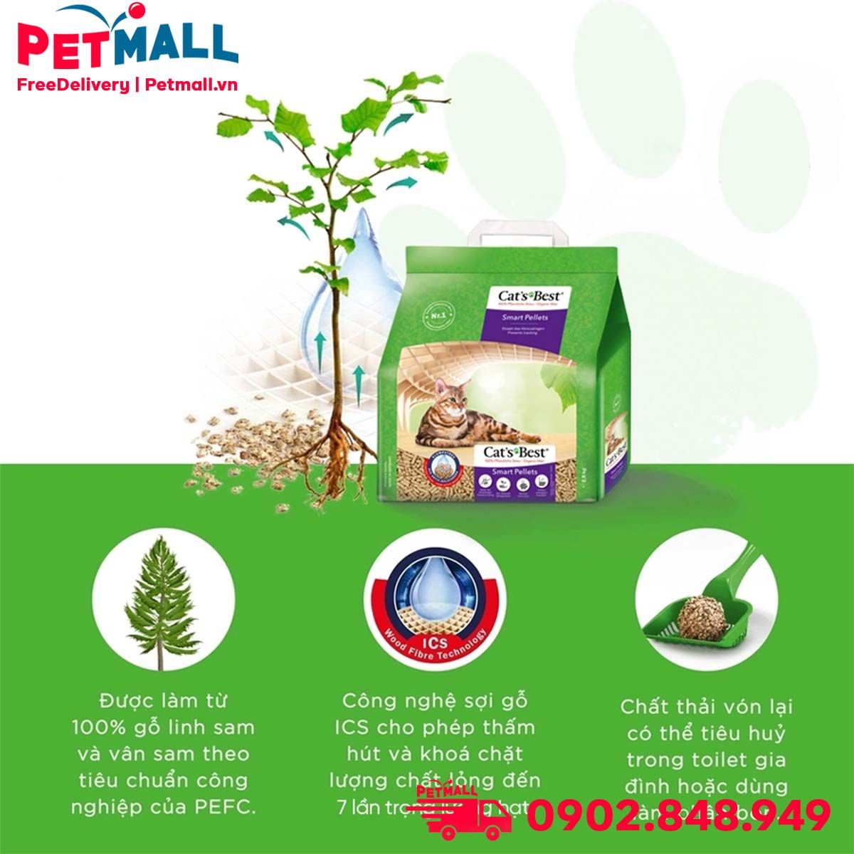Cát gỗ vệ sinh CatsBest Smart Pellets Cat Litter 10kg - Làm từ gỗ Germany Petmall