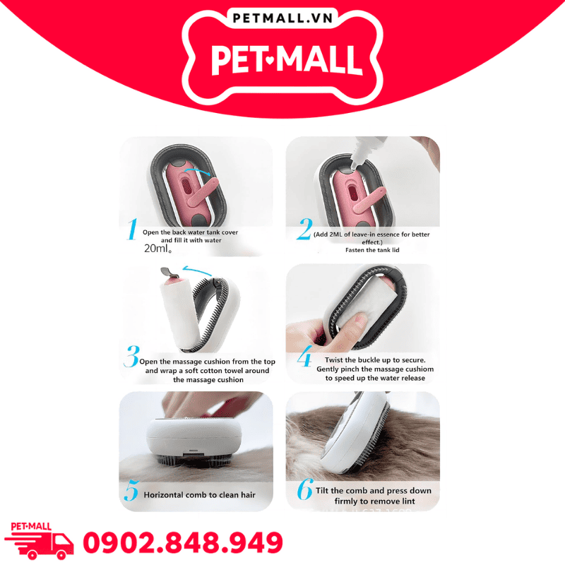 Lược chải lông tích hợp bình chứa nước 2.0 Pet Gravity Pet Grooming brush water tank version for short hair - Dành cho lông ngắn Petmall