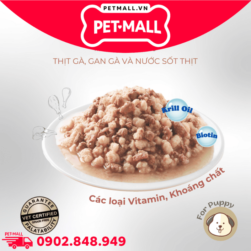Hộp 12 Gói 70G - Pate chó Maria Chicken and Chicken Liver in Gravy for Puppy - Gà và Gan Gà Petmall