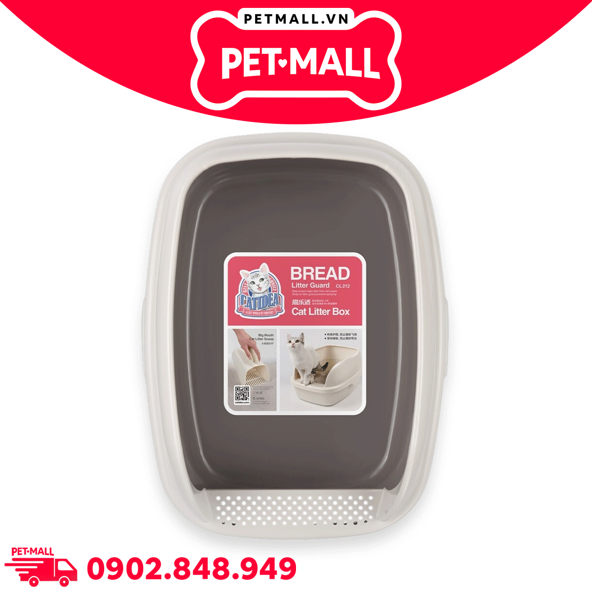 Khay vệ sinh mèo CATIDEA Cat Litter Box Size XL - 63x46x25cm  | Màu Xám - Tặng kèm xẻng Petmall