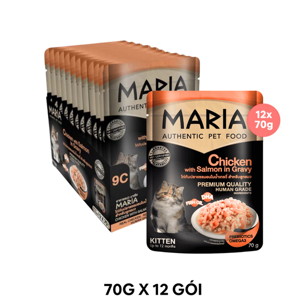 Hộp 12 Gói 70G - Pate mèo MARIA Chicken with Salmon in Gravy Kitten - Vị Thịt gà và Cá hồi, dành cho mèo con Petmall