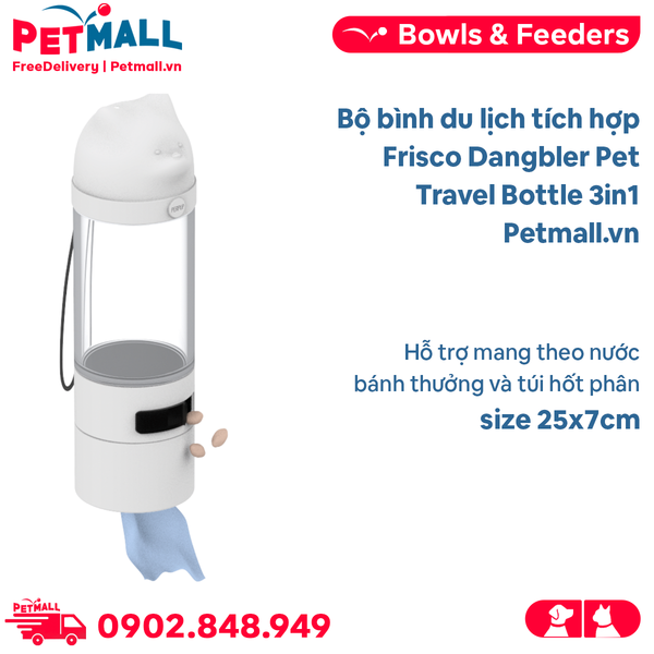 Bộ bình nước du lịch tích hợp Frisco Dangbler Pet Travel Bottle 3in1 size 25x7cm - Hỗ trợ mang theo nước, bánh thưởng và túi hốt phân Petmall