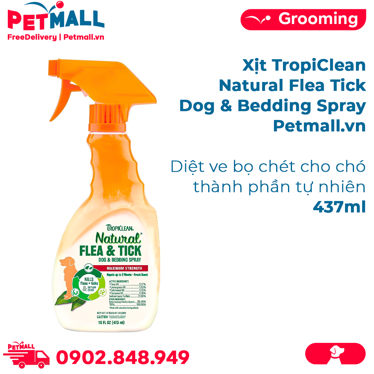 Xịt TropiClean Natural Flea Tick Dog & Bedding Spray 473ml Diệt ve b