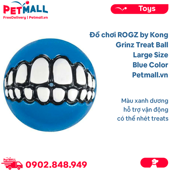 Đồ chơi ROGZ by Kong Grinz Treat Ball Large Size | Blue Color - Màu xanh dương, hỗ trợ vận động, có thể nhét treats Petmall