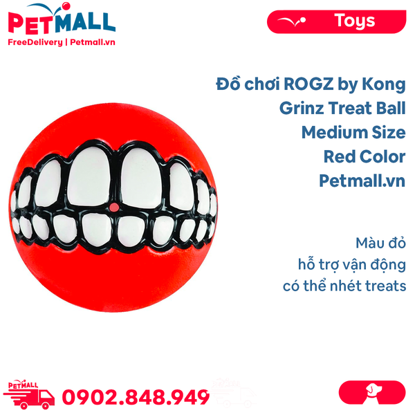 Đồ chơi ROGZ by Kong Grinz Treat Ball Medium Size | Red Color - Màu đỏ, hỗ trợ vận động, có thể nhét treats Petmall