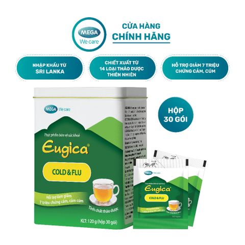  Tinh chất thảo dược phòng ngừa, giảm cảm cúm: chảy mũi, hắt hơi, đau họng, đau đầu - EUGICA COLD & FLU hộp 30 gói 