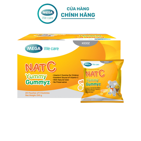  Kẹo dẻo Vitamin C vị cam, tăng đề kháng, giảm cảm cúm, sáng da NAT C YUMMY GUMMYZ (Hộp 20 gói x 5 viên) 