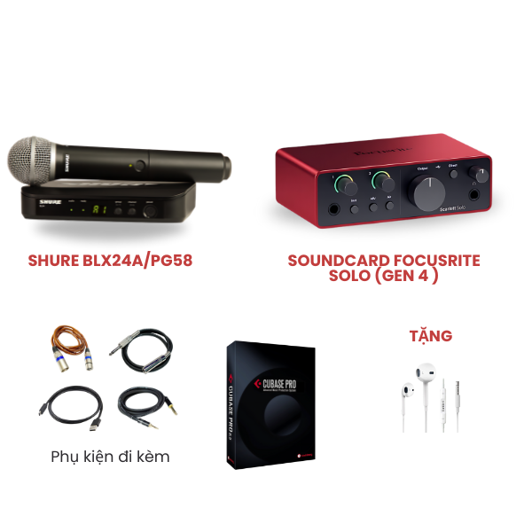 Bộ livestream Micro không dây Focusrite Scarlett Solo (Gen 4) - Shure BLX24A/PG58 (1mic)