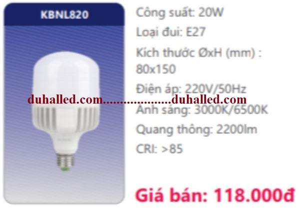  BÓNG ĐÈN LED DUHAL 20W KBNL820 / KBNL 820 GẮN VẶN ĐUÔI LỚN E27 