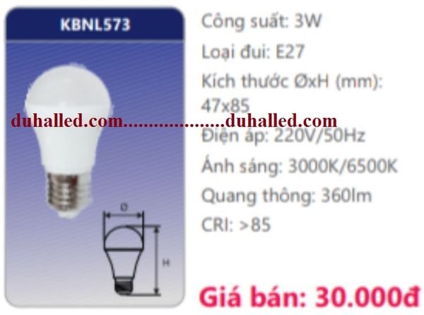  BÓNG ĐÈN LED DUHAL 3W KBNL573 / KBNL 573 VẶN ĐUÔI LỚN E27 