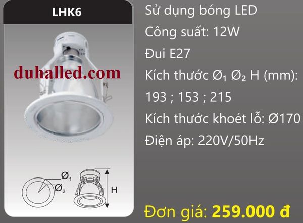  ĐÈN LON DOWNLIGHT ÂM TRẦN MẶT KÍNH DUHAL 12W LHK6 / LHK 6 