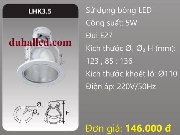  ĐÈN LON DOWNLIGHT ÂM TRẦN MẶT KÍNH DUHAL 5W LHK3.5 / LHK 3.5 