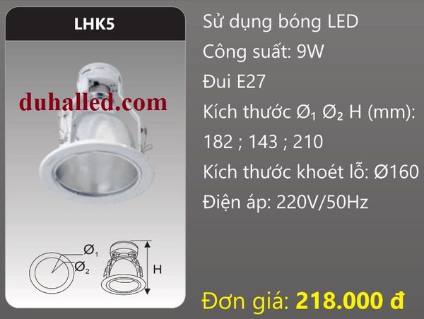  ĐÈN LON DOWNLIGHT ÂM TRẦN MẶT KÍNH DUHAL 9W LHK5 / LHK 5 