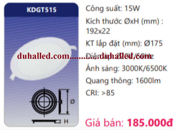  ĐÈN LED ÂM TRẦN DUHAL 15W KDGT515 / KDGT 515 / DGT515 