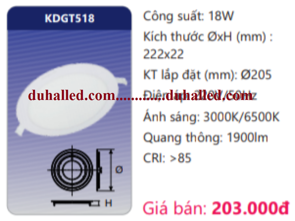  ĐÈN LED ÂM TRẦN DUHAL 18W KDGT518 / KDGT 518 / DGT518 