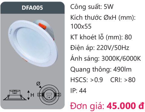  ĐÈN LED DOWLIGHT ÂM TRẦN 5W DUHAL DFA005 / DFA 005 