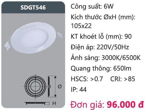  ĐÈN LED ÂM TRẦN DUHAL 6W SDGT546 / SDGT 546 / DGT546 / DGT 546 - LỖ KHOÉT D90 - 90mm 