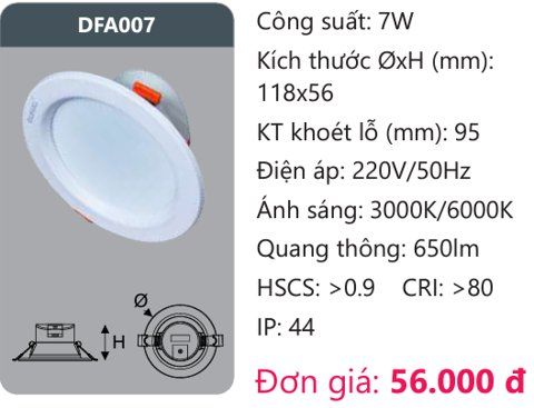  ĐÈN LED DOWLIGHT ÂM TRẦN 7W DUHAL DFA007 / DFA 007 