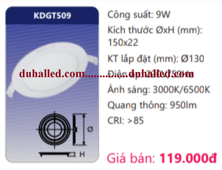  ĐÈN LED ÂM TRẦN DUHAL 9W KDGT509 / KDGT 509 / DGT509 