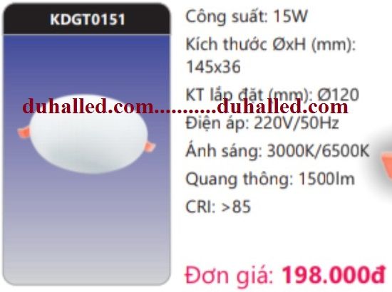  ĐÈN LED DOWNLIGHT ÂM TRẦN DUHAL 15W GÓC RỘNG (CHIẾU RỘNG) KDGT0151 / KDGT 0151 