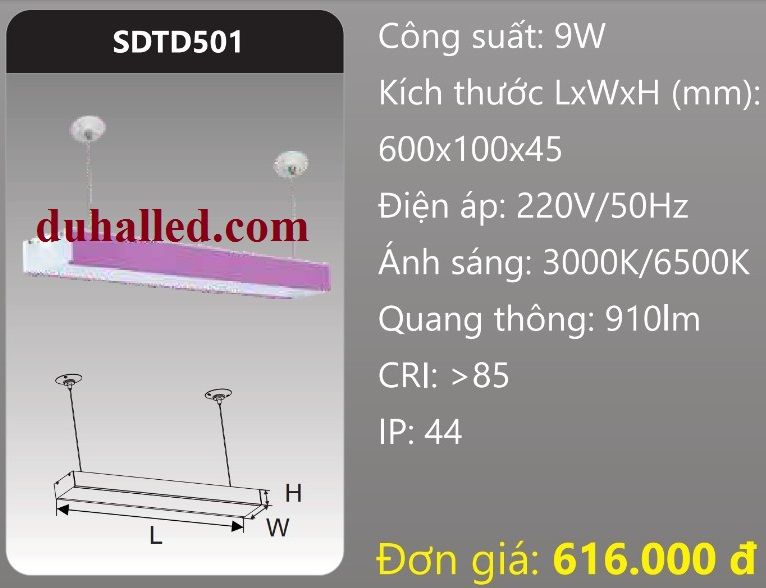  ĐÈN LED TREO THẢ VĂN PHÒNG, PHÒNG HỌP DUHAL 9W SDTD501 / SDTD 501 