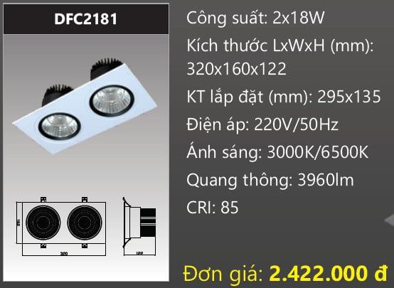  ĐÈN LED SPOTLIGHT ÂM TRẦN CHIẾU ĐIỂM ĐÔI DUHAL 2X18W DFC2181 / DFC 2181 