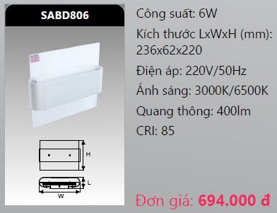  đèn led gắn tường - gắn vách trang trí duhal sabd806 led 6w 