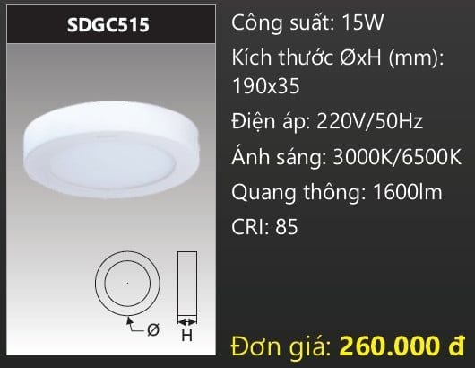  ĐÈN LED ỐP TRẦN DUHAL 15W SDGC515 