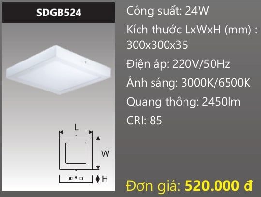  ĐÈN LED ỐP TRẦN DUHAL 24W SDGB524 