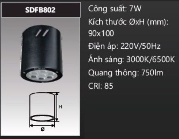  ĐÈN LON GẮN NỔI ỐP TRẦN DUHAL 7W SDFB802 / SDFB 802 