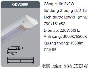  đèn máng ốp trần chụp mica duhal 2 bóng 6 tấc 2x9w 0,6m QDV209P 