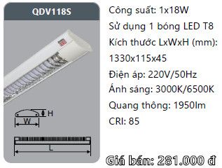  đèn máng ốp trần xương cá duhal 1 bóng 1m2 18w QDV118S 