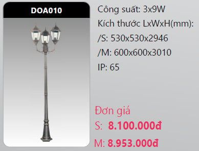  đèn trụ công viên duhal doa010 3x9w 