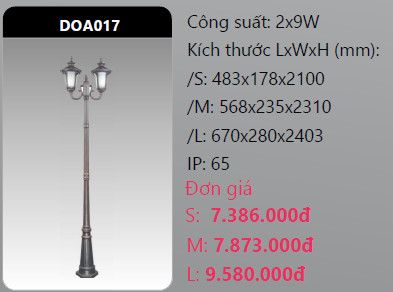  đèn trụ công viên duhal doa017 2x9w 