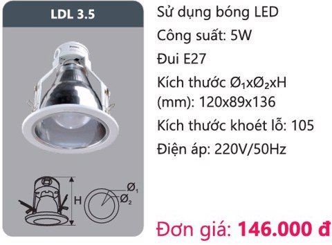  ĐÈN LON DOWNLIGHT ÂM TRẦN O120 DUHAL LDL 3.5 