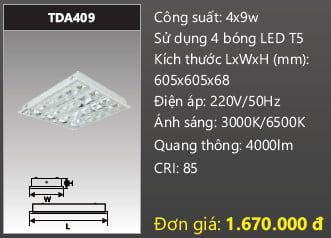  máng đèn âm trần chóa phản quang duha 4 bóng đèn 6 tấc 4x9w TDA409 