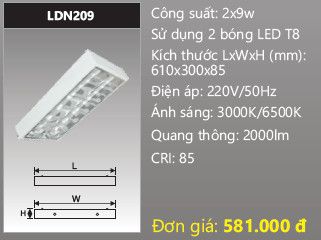  máng đèn lắp nổi duhal 2 bóng 6 tấc 2x9w LDN209 