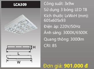  máng đèn phản quang âm trần duhal 3 bóng 6 tấc 0,6m 3x9w LCA309 