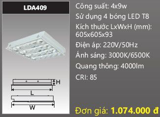  máng đèn phản quang âm trần duhal 4 bóng 0,6m 6 tấc 4x9w LDA409 