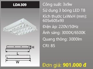  máng đèn phản quang âm trần duhal 6 tấc 3 bóng 2x9w LDA309 