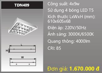  máng đèn lắp nổi, gắn nổi chóa phản quang duhal 4 bóng 6 tấc 4x9w TDN409 